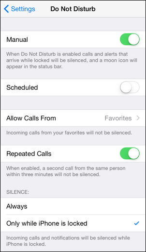 Параметры режима Не беспокоить в iOS: примеры настроек