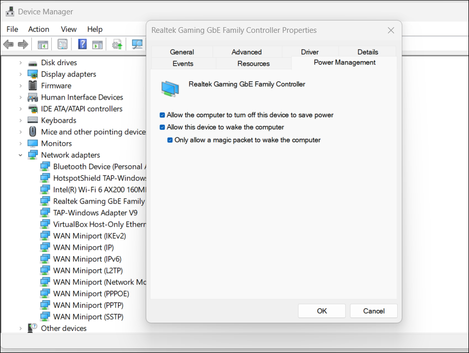 Окно управления электропитанием сетевого адаптера