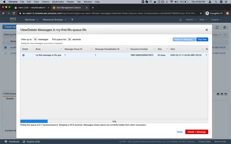 Кнопка удаления выбранного сообщения в консоли FIFO очереди