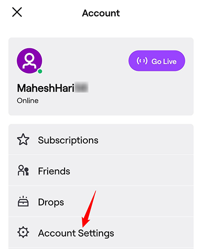 Пункт Настройки аккаунта в мобильном приложении Twitch