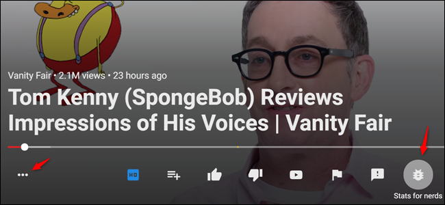 Меню YouTube с опцией 'Статистика для гиков'