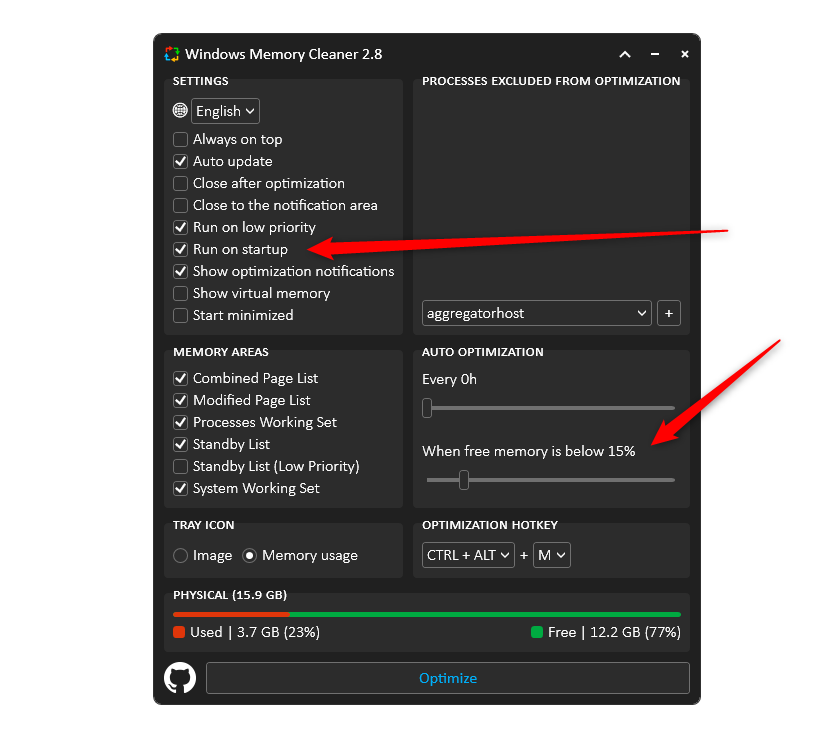 Интерфейс приложения WinMemoryCleaner с кнопкой оптимизации и индикатором памяти.