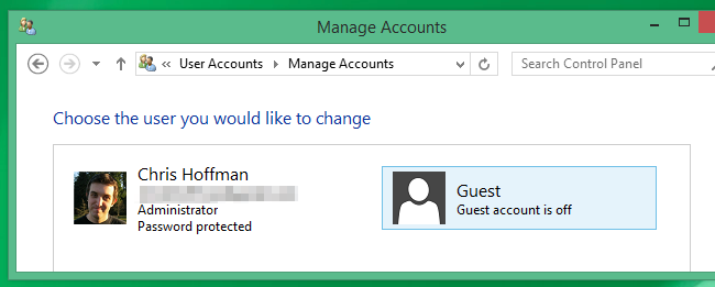 Окно управления учётными записями в Windows