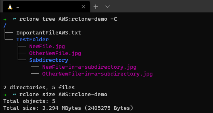 Пример вывода rclone tree с перечнем файлов и папок в бакете