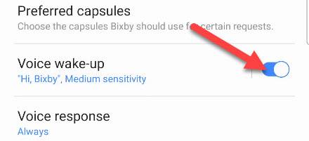 Переключатель для включения голосового пробуждения в Bixby