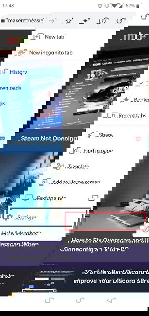 Раздел Настройки в Chrome на Android