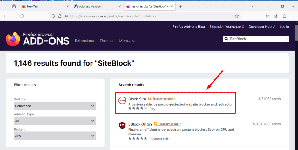 Страница расширения Block Site в каталоге