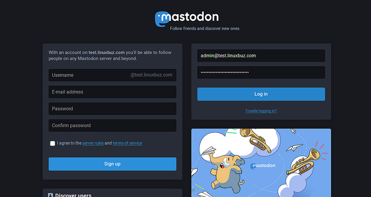 Страница входа Mastodon с полями для e-mail и пароля