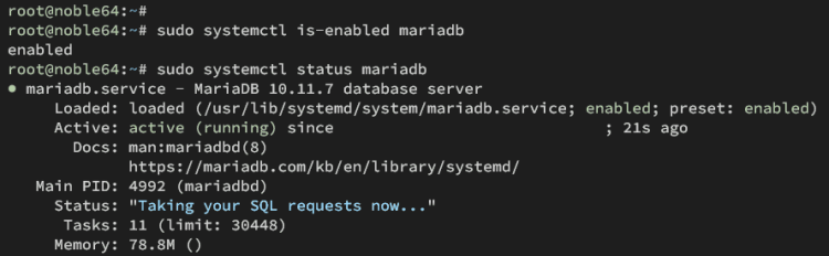Статус службы MariaDB