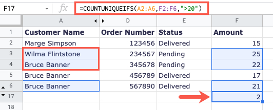 COUNTUNIQUEIFS: подсчёт уникальных значений при условии больше 20