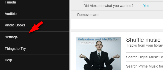 Скриншот главного экрана приложения Alexa с меню настроек