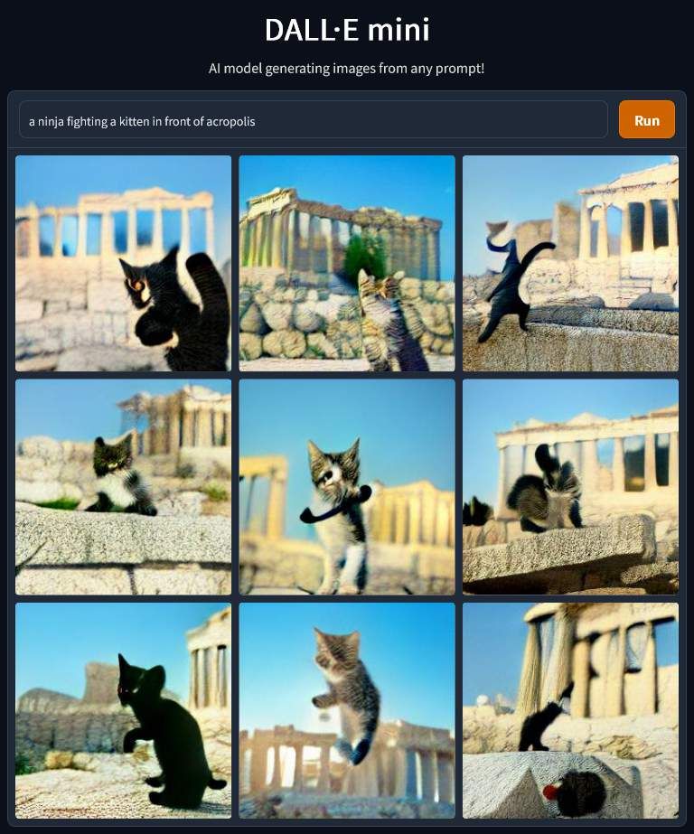 DALL E Mini Ninja Fighting a Kitten in Front of Acropolis