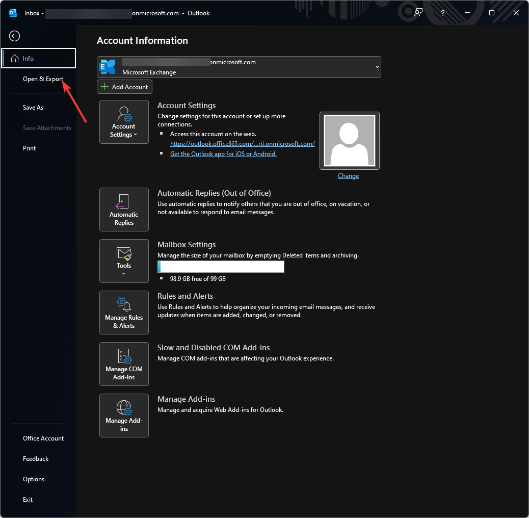 Open & Export no Outlook mostrando opções
