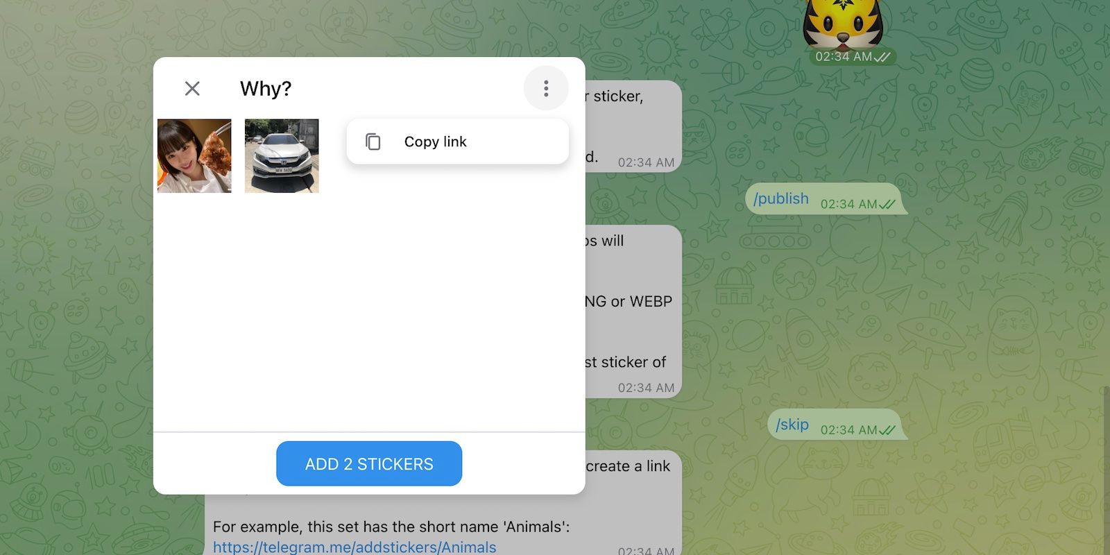 Копирование ссылки на пользовательский набор стикеров