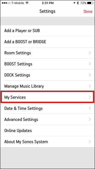 Раздел My Services в мобильном приложении Sonos