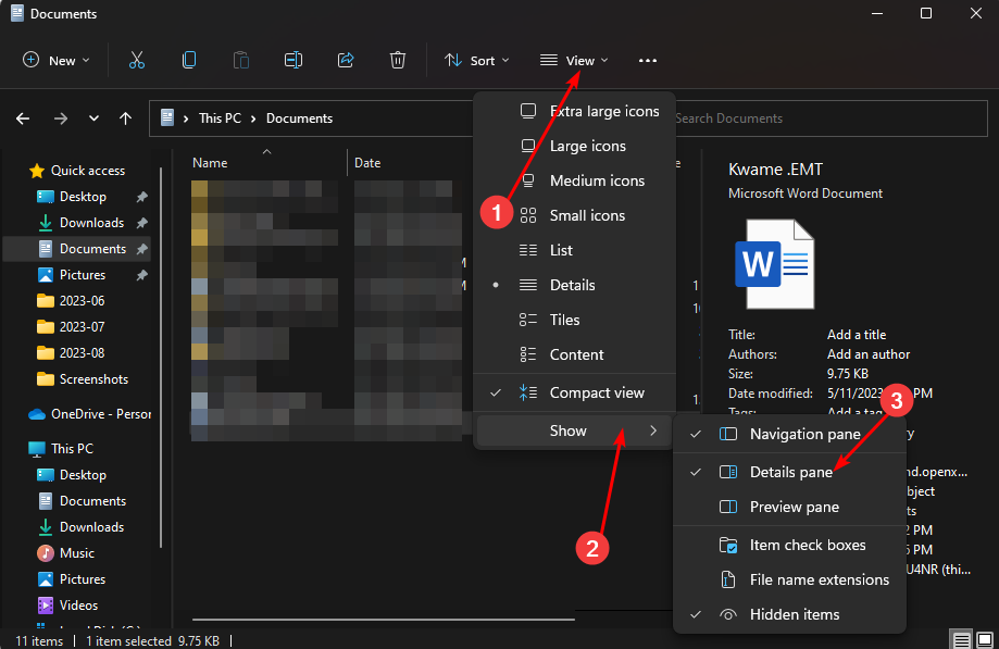 Меню «Вид» и включение панели сведений
