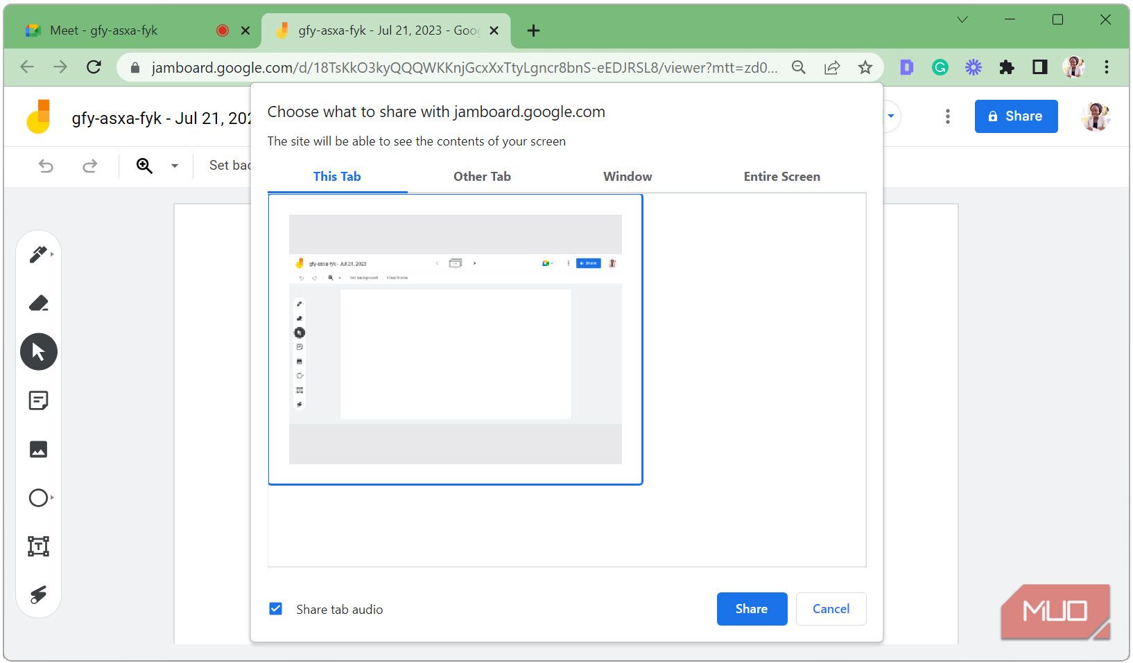 Выберите вкладку Jamboard и нажмите Поделиться