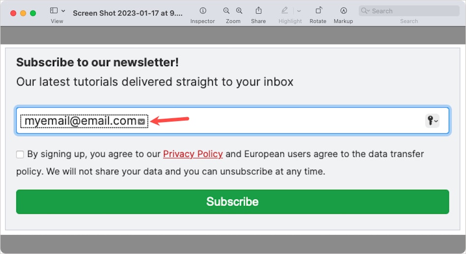 Стрелка раскрывающегося меню для текста в изображении в Preview на Mac