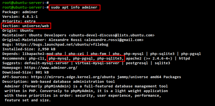 Информация о пакете Adminer в apt