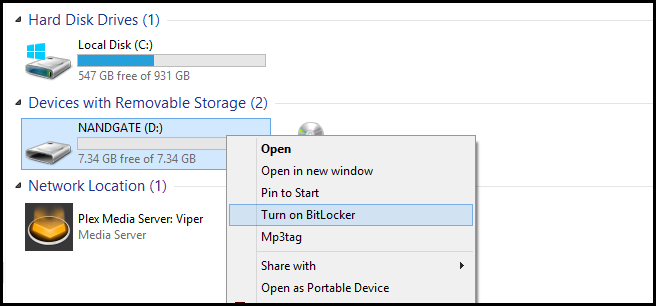Контекстное меню в Проводнике: Включить BitLocker для сменного диска