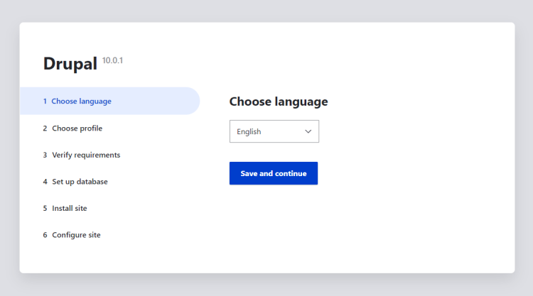 Экран установки Drupal — начальная страница