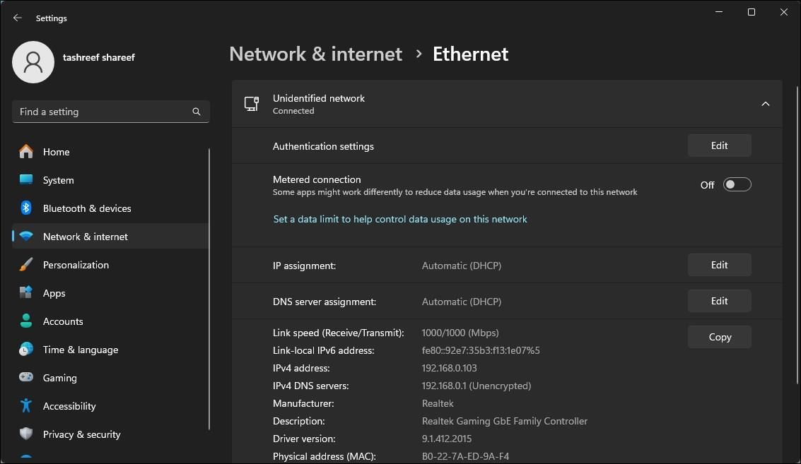 Изменение назначения IP-адреса адаптера Ethernet в настройках Windows 11
