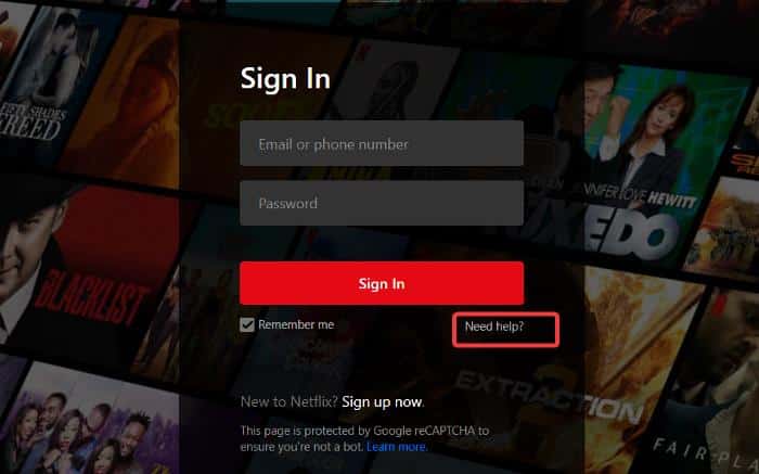 Ссылка «Нужна помощь» на странице входа Netflix