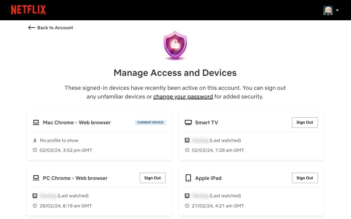 Список устройств Netflix, отображаемый в веб-версии