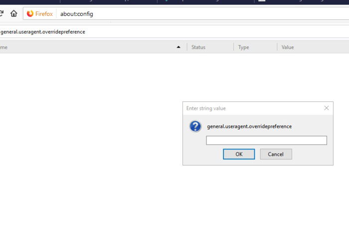 Editor about:config de Firefox mostrando creación de una preferencia nueva