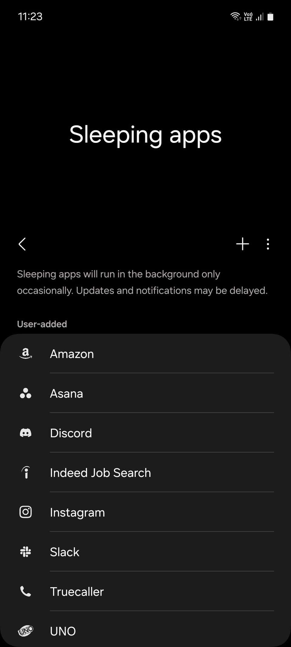 Samsung Sleeping apps menu