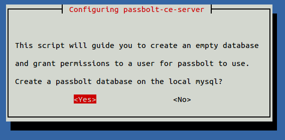Конфигурация создания базы данных Passbolt