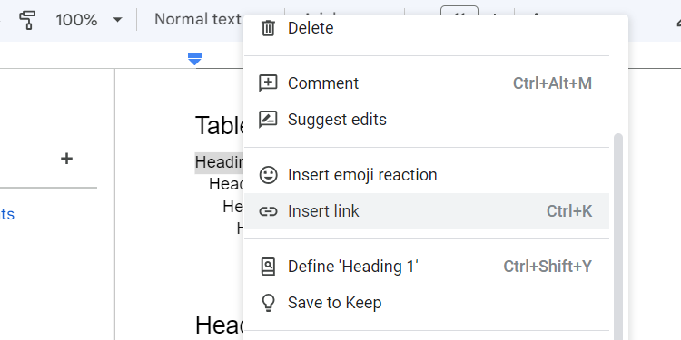Опция вставки ссылки в Google Docs.