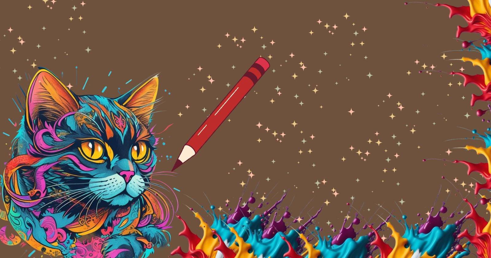 Разноцветный кот с брызгами краски и красным карандашом
