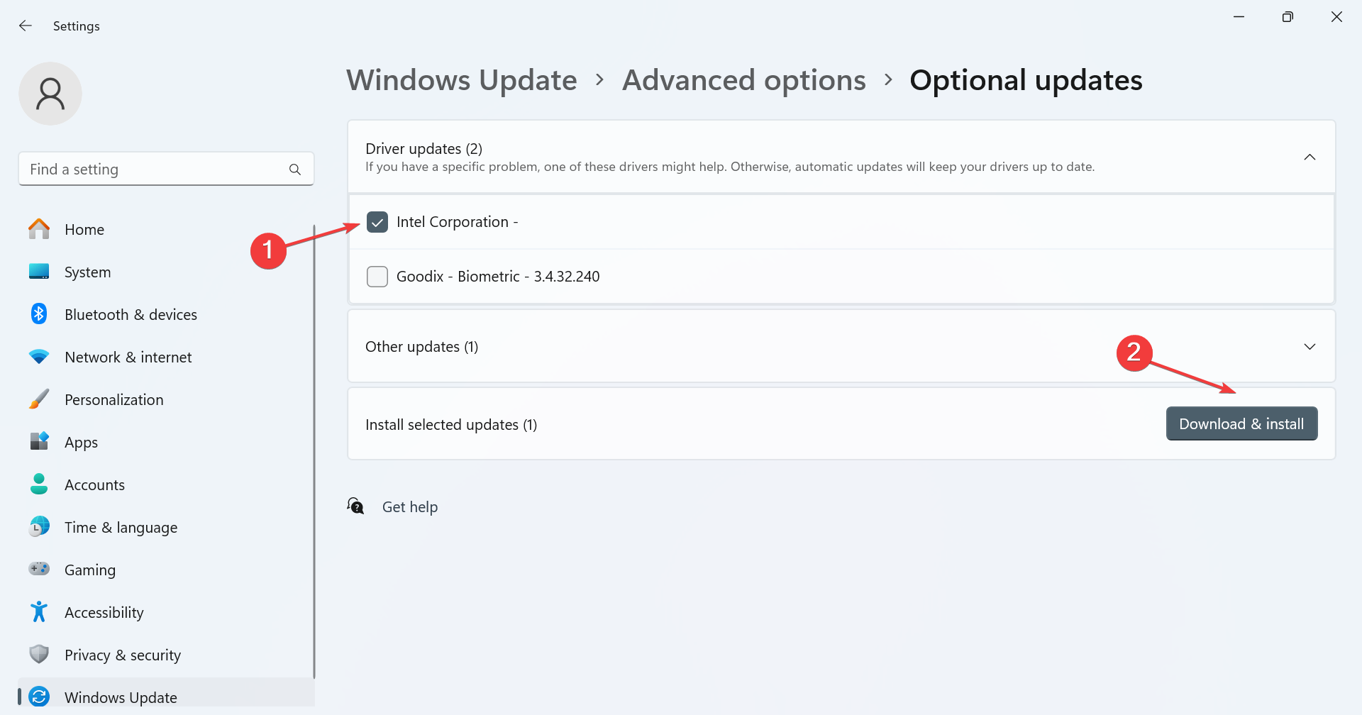 Раздел необязательных обновлений драйверов в Windows Update