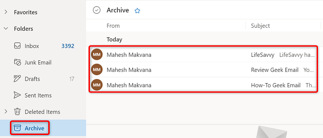 Откройте папку «Архив» слева.
