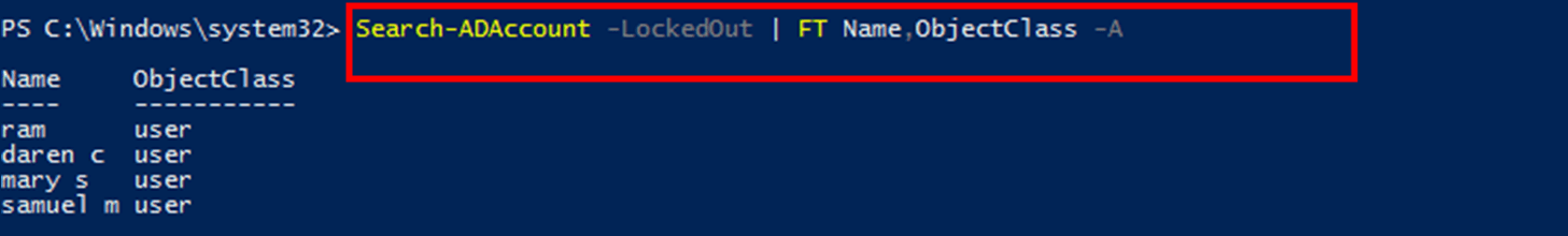 Результат Search-ADAccount -LockedOut — список заблокированных аккаунтов