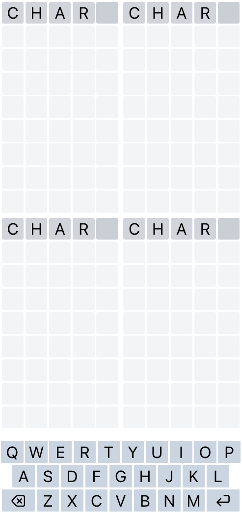 Игровой экран Quordle с буквами C, H, A и R в четырёх сетках