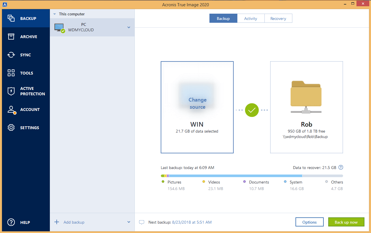 Selezione file e cartelle in Acronis True Image