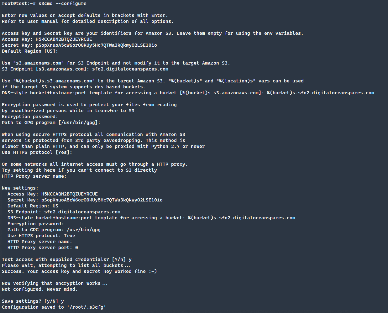Мастер настройки s3cmd с тестовым подключением