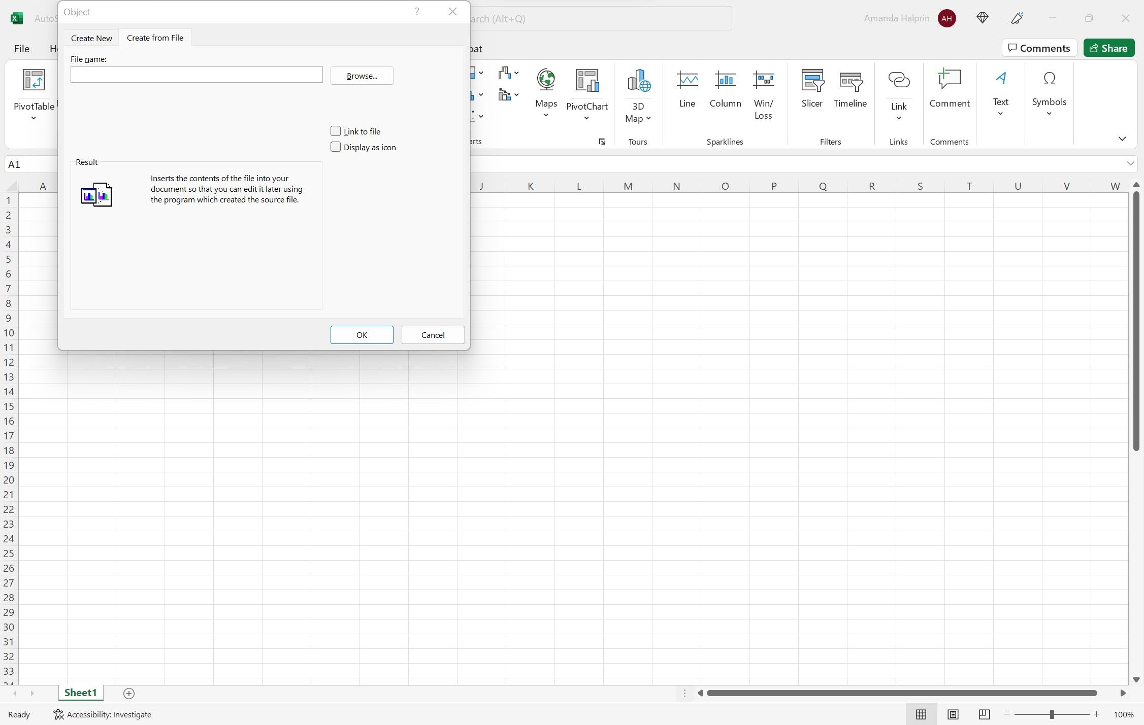 Опция Создать из файла для вставки PDF в Excel