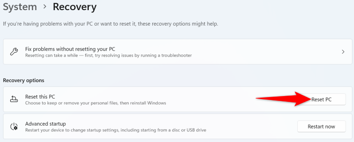 Выбор сброса ПК в параметрах