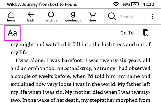 Меню отображения (Aa) на Kindle