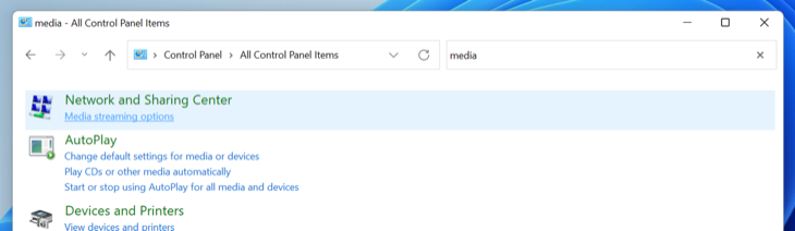 Поиск «медиа» в Панели управления