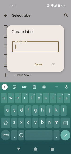 Присвоение имени новой метке в Google Контакты.