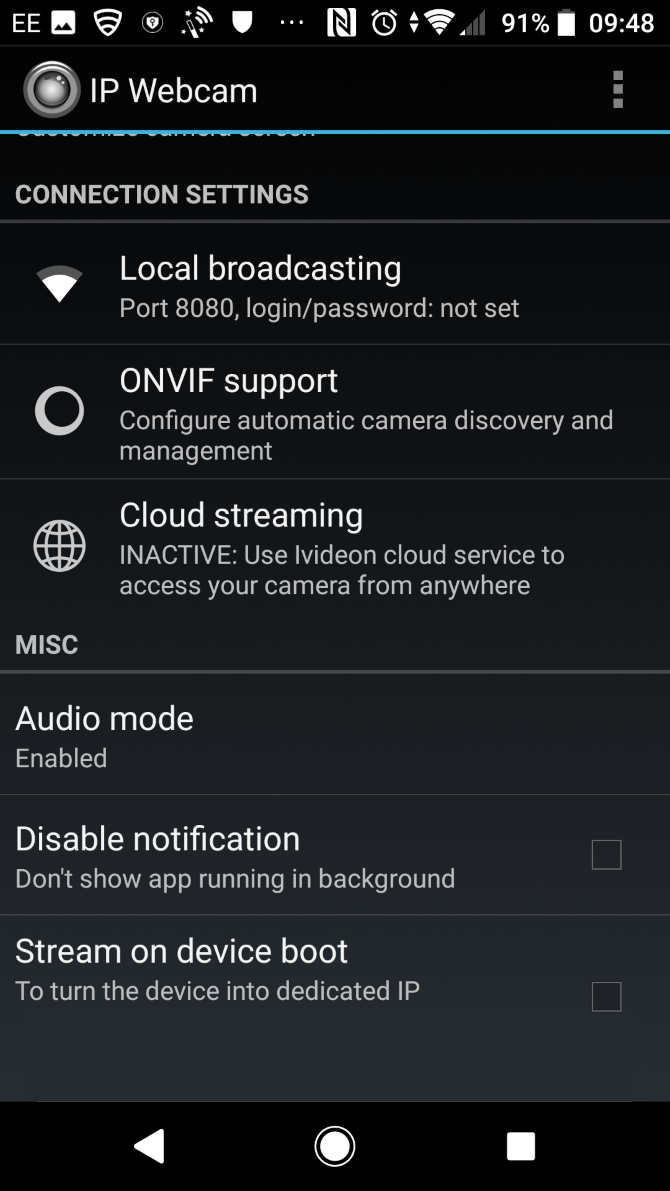 IP Webcam — предварительный просмотр видеопотока в приложении и браузере