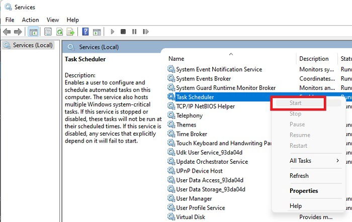 Запуск службы Планировщика задач через контекстное меню и окно свойств службы