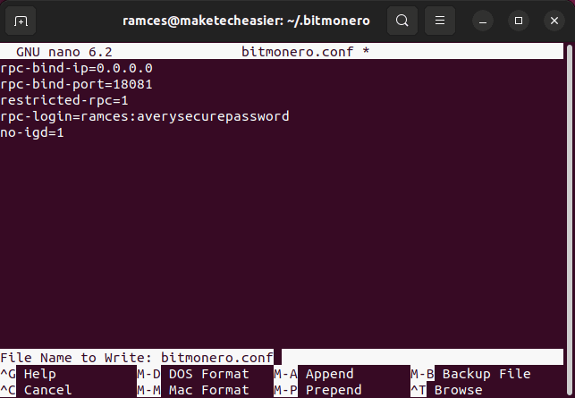 Изображение: пример файла конфигурации bitmonero.conf в текстовом редакторе
