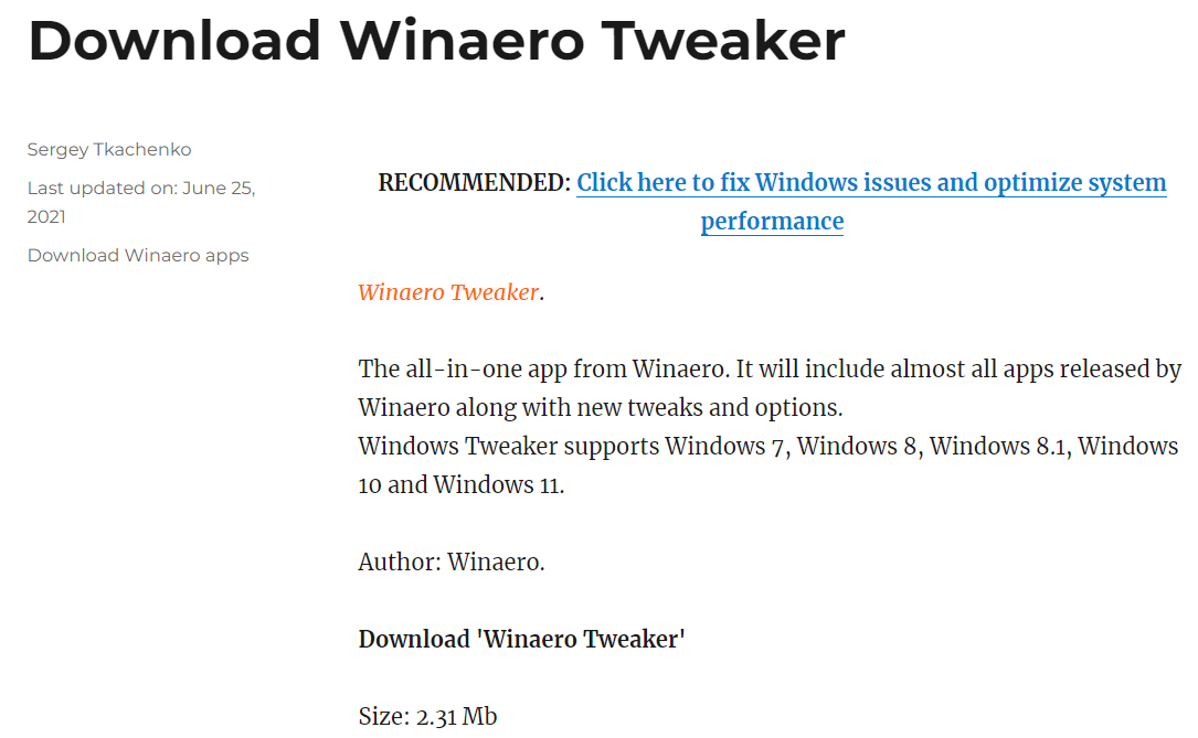 Страница загрузки Winaero Tweaker