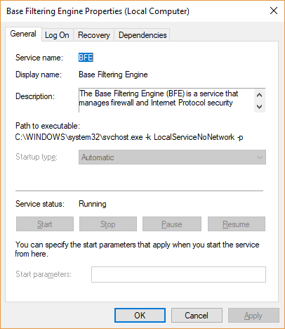 Параметры BFE для восстановления брандмауэра