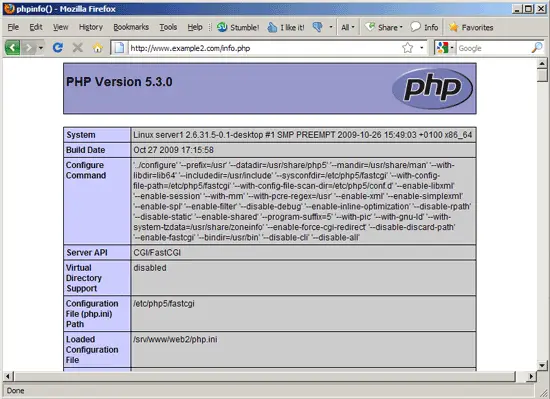 phpinfo mostrando Loaded Configuration File apontando para /srv/www/web2/php.ini